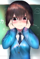 Rule 34 | 1girl, black necktie, blue cardigan, blurry, blurry background, blush, brown hair, cardigan, chalkboard, closed mouth, collared shirt, commentary request, depth of field, flying sweatdrops, hair between eyes, hands on own face, hands up, highres, long sleeves, looking at viewer, necktie, neku (neku draw), nose blush, original, red eyes, school uniform, shirt, sleeves past wrists, solo, spoken blush, upper body, wavy mouth, white shirt