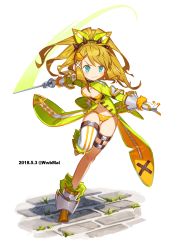 Rule 34 | 1girl, :3, asymmetrical legwear, bad id, bad pixiv id, blonde hair, blue eyes, blush, boots, breasts, closed mouth, commentary, gloves, green jacket, green ribbon, hair ribbon, highres, holding, holding sword, holding weapon, jacket, long hair, navel, orange panties, original, outstretched arms, panties, ponytail, ribbon, sidelocks, single thighhigh, small breasts, solo, standing, standing on one leg, sword, thighhighs, tiara, underwear, uneven legwear, v-shaped eyebrows, weapon, white background, white gloves, white thighhighs, yai (hachihito)