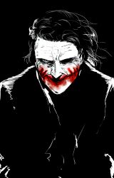 Rule 34 | 1boy, batman (series), black background, dc comics, formal, glasgow grin, glasgow smile, grin, highres, itoshiki eru, kubrick stare, looking at viewer, male focus, monochrome, simple background, sketch, smile, solo, spot color, stitched mouth, stitches, suit, the joker, upper body