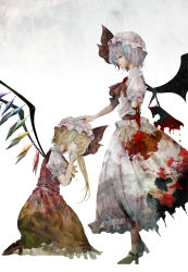 Rule 34 | 2girls, amputee, ascot, bad id, bad pixiv id, bat wings, blonde hair, blood, blood on clothes, blood on face, blue hair, blue man, brooch, crying, female focus, flandre scarlet, hand on another&#039;s head, hat, hat ribbon, jewelry, kneeling, mob cap, multiple girls, puffy sleeves, remilia scarlet, ribbon, shirt, short sleeves, siblings, side ponytail, silver hair, sisters, skirt, skirt set, standing, torn clothes, torn skirt, touhou, vest, wings