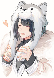 Rule 34 | 1boy, :d, alternate costume, animal hat, animal hood, bishounen, black hair, blush, chinese commentary, fate/grand order, fate (series), happy, hat, heart, highres, hood, lalatia-meai, long hair, male focus, open mouth, shirt, smile, solo, tai gong wang (fate), unfinished, upper body