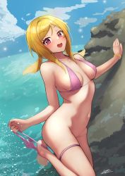Rule 34 | 1girl, :d, arm support, barefoot, beach, bikini, blonde hair, blush, bottomless, bracelet, breasts, c (theta), cleavage, cloud, collarbone, covered erect nipples, day, feet, fukuda noriko, highres, horizon, idolmaster, idolmaster million live!, jewelry, long hair, looking at viewer, medium breasts, momose rio, navel, ocean, open mouth, outdoors, pink bikini, pink eyes, ponytail, rock, sidelocks, signature, sky, smile, solo, standing, standing on one leg, string bikini, swimsuit, thigh strap, thighs, toes, undressing, water