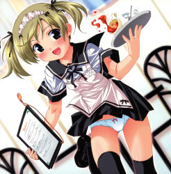 Rule 34 | 1girl, :d, absurdres, apron, black thighhighs, blonde hair, blue eyes, blush, bow, bow panties, dutch angle, flat chest, frills, hair ribbon, happy, highres, indoors, kuuchuu yousai, looking at viewer, maid headdress, menu board, open mouth, panties, pantyshot, puffy short sleeves, puffy sleeves, ribbon, running, school uniform, serafuku, shoes, short hair, short sleeves, short twintails, smile, solo, spill, spoon, standing, thighhighs, tray, twintails, underwear, upskirt, waitress, white panties, wind, wind lift