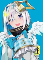 Rule 34 | 1girl, :d, amane kanata, angel wings, aqua bow, armband, black dress, blue background, blue hair, blush, bob cut, bow, colored inner hair, commentary, dress, eyelashes, hair over one eye, halo, hand on own chest, highres, hololive, jacket, lam (ramdayo), large bow, looking at viewer, medium hair, multicolored hair, open mouth, parted bangs, pink hair, purple eyes, ringed eyes, sailor collar, silver hair, simple background, single hair intake, smile, solo, star halo, straight hair, streaked hair, turtleneck, turtleneck dress, upper body, virtual youtuber, white jacket, wide sleeves, wings