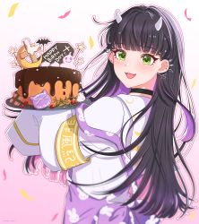 Rule 34 | 1girl, :3, armband, black choker, black hair, cake, character name, choker, cross, ear piercing, fangs, food, from side, gradient background, green eyes, hair behind ear, happy birthday, highres, holding, holding plate, horns, indie virtual youtuber, long hair, mugimugigo, open mouth, piercing, plate, sailor collar, sleeves past fingers, sleeves past wrists, smile, sudama chitose, virtual youtuber