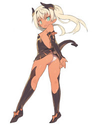 Rule 34 | 1girl, :d, arms behind back, ass, bare shoulders, black dress, black legwear, blade (galaxist), blonde hair, boots, breasts, detached sleeves, dress, from behind, full body, green eyes, heart, heart tail, horns, looking back, open mouth, original, own hands together, panties, pointy ears, short dress, sideboob, simple background, small breasts, smile, solo, striped clothes, striped panties, tail, twintails, underwear, wedgie, white background
