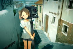Rule 34 | 1girl, blouse, blush, brick wall, brown hair, camera, city, flat chest, green eyes, hair ornament, hairclip, highres, holding, looking at viewer, open mouth, original, outdoors, plant, potted plant, road, scenery, shadow, shirt, short hair, short sleeves, shorts, solo, stairs, standing, sunlight, swept bangs, tile roof, white shirt, yoshida seiji