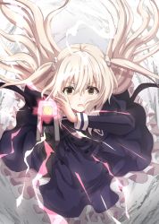 Rule 34 | 1girl, aiming, aiming at viewer, artina, assault lily, black ribbon, black skirt, blonde hair, blush, brown eyes, buttons, charging forward, commentary request, cropped jacket, egawa kusumi, energy, floating hair, flower, foreshortening, frilled skirt, frills, full body, gradient background, grey background, gun, hair between eyes, hair flower, hair ornament, hands up, high-waist skirt, highres, holding, holding gun, holding weapon, juliet sleeves, leaning forward, long hair, long sleeves, looking at viewer, midair, neck ribbon, parted lips, puffy sleeves, ribbon, school uniform, skirt, solo, two side up, v-shaped eyebrows, very long hair, weapon, white background, white flower, yurigaoka girls academy school uniform