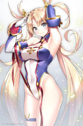 Rule 34 | 1girl, armpits, arms up, bare shoulders, blonde hair, blue eyes, blush, bradamante (fate), bradamante (first ascension) (fate), braid, breasts, cleavage, closed mouth, covered navel, elbow gloves, fate/grand order, fate (series), french braid, gloves, gradient background, hair ornament, highleg, highleg leotard, highres, hip focus, large breasts, leotard, long hair, looking at viewer, smile, solo, standing, suishougensou, thigh strap, thighs, twintails, very long hair
