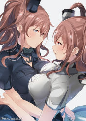 Rule 34 | 2girls, anchor, bad id, bad pixiv id, black gloves, black neckerchief, black shirt, blouse, blue eyes, blush, breast pocket, breast press, breasts, brown hair, dual persona, fingerless gloves, gloves, grey background, grey neckerchief, grey shirt, hug, juurouta, kantai collection, large breasts, long hair, looking at another, multiple girls, neckerchief, parted lips, pocket, ponytail, remodel (kantai collection), saratoga (kancolle), shirt, short sleeves, side ponytail, simple background, single glove, smile, smokestack hair ornament, symmetrical docking, twitter username, upper body, yuri