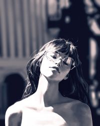 Rule 34 | 1girl, bare shoulders, blurry, blurry background, collarbone, day, depth of field, facing away, glasses, greyscale, guweiz, head tilt, highres, lips, long hair, monochrome, nose, parted lips, realistic, round eyewear, solo, sunlight, teeth, upper body