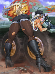 Rule 34 | 1girl, against vehicle, ass, au ra, bare arms, bare shoulders, baseball cap, bent over, bikini, bikini under clothes, black footwear, black gloves, black shorts, boots, breasts, brown pantyhose, bubble skirt, chewing gum, commission, crop top, crotch seam, cutoffs, dragon girl, dragon horns, dragon tail, final fantasy, final fantasy xiv, foreshortening, from behind, from below, full body, glasses, gloves, grey eyes, hair between eyes, hat, high heel boots, high heels, high ponytail, highres, holding, horns, kneepits, legs apart, long hair, looking at viewer, looking back, mechanic, military, military vehicle, motor vehicle, pantyhose, pantyhose under shorts, scales, shiny skin, short shorts, shorts, sideboob, silver hair, skirt, sleeveless, solo, speh, swimsuit, tail, tan, tank, toned, tools, torn clothes, torn pantyhose, warrior of light (ff14)