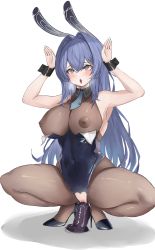 Rule 34 | 1girl, animal ears, azur lane, bare shoulders, bilei, black pantyhose, blue eyes, blue hair, blue leotard, bodystocking, breasts, cleavage, commentary request, cuffs, dildo, dildo riding, fake animal ears, heart, heart-shaped pupils, high heels, highres, impossible clothes, large breasts, leotard, looking at viewer, new jersey (azur lane), new jersey (exhilarating steps!) (azur lane), nipple piercing, nipples, official alternate costume, pantyhose, piercing, playboy bunny, rabbit ears, rabbit pose, see-through, see-through cleavage, see-through legwear, sex toy, skin tight, solo, spread legs, squatting, symbol-shaped pupils