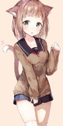 Rule 34 | 1girl, :o, animal ears, blue skirt, blush, breasts, brown background, brown hair, brown sweater, cat ears, cat girl, cat tail, collarbone, green eyes, highres, looking at viewer, medium breasts, niito, original, over-kneehighs, parted lips, pleated skirt, school uniform, serafuku, short hair, simple background, sketch, skirt, sleeves past wrists, solo, standing, sweater, tail, tail wagging, thighhighs, white thighhighs