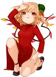 Rule 34 | 1girl, alternate costume, arm up, artist name, bad id, bad twitter id, bare legs, black footwear, blonde hair, bow, breasts, china dress, chinese clothes, crystal, dress, fang, flandre scarlet, full body, gotou (nekocat), green hat, hair between eyes, hat, hat bow, highres, long sleeves, looking at viewer, medium breasts, mini hat, mob cap, nail polish, on one knee, one side up, orange bow, orange nails, parted lips, pointy ears, red eyes, shoes, short hair, side slit, signature, simple background, solo, thighs, touhou, white background, wings