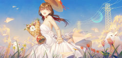 Rule 34 | 1girl, :d, ^ ^, animal, bare arms, bare shoulders, blue sky, bouquet, breasts, brown hair, brown hat, closed eyes, cloud, collarbone, commentary request, day, doll joints, dress, facing viewer, feet out of frame, flower, hair ribbon, hat, highres, holding, holding bouquet, ji dao ji, joints, long hair, low twintails, medium breasts, open mouth, original, outdoors, outstretched arms, paper airplane, pink flower, power lines, red flower, red ribbon, ribbon, sheep, skirt hold, sky, smile, solo, standing, strapless, strapless dress, sun hat, transmission tower, tulip, twintails, unworn hat, unworn headwear, white dress, white flower, wind, yellow flower