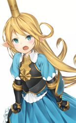 Rule 34 | 1girl, angry, blonde hair, blue eyes, blush, charlotta (granblue fantasy), commentary request, crown, gauntlets, granblue fantasy, harvin, highres, hiraba 6018, juliet sleeves, long hair, long sleeves, looking at viewer, open mouth, pointy ears, puffy sleeves, simple background, solo, white background