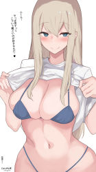 Rule 34 | 1girl, bikini, blonde hair, blue bra, bra, breasts, cleavage, closed mouth, clothes lift, commentary request, green eyes, hair between eyes, highleg, highleg panties, highres, large breasts, long hair, looking at viewer, original, panties, pointy breasts, sagging breasts, shirt, shirt lift, sidelocks, simple background, skindentation, smile, stomach, swimsuit, t-shirt, thighhighs, translation request, twitter username, underwear, white background, white shirt, yuzuki himuka