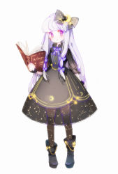 Rule 34 | 1girl, alternate costume, alternate headwear, benghuai 7, black dress, black socks, blush, book, boots, bow, constellation, crescent, dress, full body, hair bow, hair ribbon, head tilt, highres, kneehighs, light purple hair, long hair, long sleeves, looking to the side, open book, open mouth, pantyhose, patchouli knowledge, purple eyes, ribbon, see-through, simple background, socks, solo, star (symbol), touhou, white background, wrist cuffs