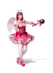 Rule 34 | 1girl, absurdres, angel wings, blunt bangs, bow, breasts, brown hair, choker, cleavage, collar, corset, fake halo, feathered wings, full body, garter straps, gloves, hairband, halo, heart, high heels, highres, holding, j. won han, lips, medium breasts, original, parted lips, pink bow, pink choker, pink footwear, pink gloves, pink heels, pink ribbon, pink skirt, puffy short sleeves, puffy sleeves, red bow, ribbed legwear, ribbon, shadow, shoes, short hair, short sleeves, simple background, single glove, skirt, solo, standing, teeth, thighhighs, white background, white hairband, white thighhighs, white wings, wings