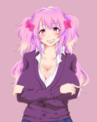 Rule 34 | 1girl, blush, breasts, chaahan, cleavage, collarbone, female focus, gradient hair, grin, hair ornament, hair ribbon, highres, huge breasts, long hair, looking at viewer, multicolored hair, nail polish, original, pink eyes, pink hair, ribbon, school uniform, short twintails, simple background, smile, solo, standing, sweater, twintails, upper body, white hair