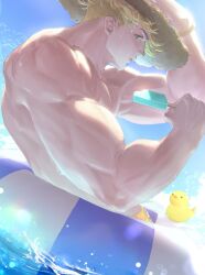 Rule 34 | 1boy, absurdres, bara, blonde hair, closed mouth, cloud, day, food, granblue fantasy, green eyes, hat, highres, holding, holding food, holding popsicle, innertube, kshbjb3bppui9om, large pectorals, male focus, male swimwear, muscular, muscular male, official alternate costume, outdoors, pectorals, popsicle, rubber duck, short hair, sky, solo, straw hat, swim ring, vane (granblue fantasy), vane (summer) (granblue fantasy), water, yellow male swimwear