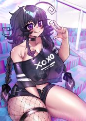Rule 34 | 1girl, absurdres, ahoge, asymmetrical legwear, bleachers, blush, bra visible through clothes, braid, breasts, clothes writing, cross pasties, english text, fishnet legwear, fishnets, highres, large breasts, long hair, mismatched legwear, nyarla (osiimi), original, osiimi, pasties, profanity, purple eyes, purple hair, revealing clothes, see-through, single leg pantyhose, sitting, smile, tape, tape on nipples, thick thighs, thighs, tongue, twin braids