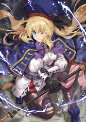 Rule 34 | 1girl, absurdres, artoria caster (fate), artoria caster (second ascension) (fate), artoria pendragon (fate), belt, beret, black gloves, black pantyhose, blonde hair, blue cape, blue hat, blush, breasts, buttons, cape, clenched teeth, double-breasted, dress, fate/grand order, fate (series), gloves, green eyes, hat, highres, holding, holding staff, hood, hooded cape, long hair, long sleeves, looking at viewer, multicolored cape, multicolored clothes, one eye closed, pantyhose, red cape, small breasts, solo, staff, teeth, thighs, torn clothes, torn pantyhose, twintails, tyone, white dress