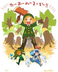 Rule 34 | 1girl, 2boys, 2girls, axe, bad id, bad twitter id, battle axe, bird, black gloves, blonde hair, blue hair, blue jacket, blue pants, blush, boots, brown footwear, brown gloves, brown pantyhose, buttons, clenched teeth, cloak, cu chulainn (caster) (fate), cu chulainn (fate), cu chulainn (fate/stay night), dog, fate/grand order, fate (series), fingerless gloves, full body, fur-trimmed hood, fur trim, fur trimm, giant, giantess, gloves, green cloak, green eyes, green footwear, green gloves, green jacket, hair over one eye, hat, highres, holding, holding axe, holding staff, holding weapon, hood, hood up, hooded jacket, jacket, knee boots, long hair, long sleeves, looking away, looking back, multiple boys, multiple girls, open clothes, open jacket, open mouth, orange hair, outdoors, outstretched arms, pants, pantyhose, paul bunyan (fate), pocket, red eyes, robin hood (fate), running, short hair, single glove, sliced, smile, staff, standing, sweatdrop, teeth, translated, tree, twitter username, weapon, yai (hachihito), yellow eyes