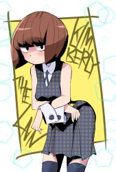 Rule 34 | 1girl, blunt bangs, blush, breasts, brown hair, character name, cowboy shot, dress, hys-d, kimberly (little witch academia), leaning forward, little witch academia, looking at viewer, pentagon (shape), polka dot, polka dot dress, short hair, sleeveless, solo, thighhighs, zettai ryouiki