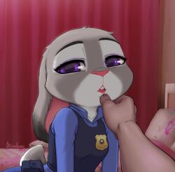 Rule 34 | 1boy, 1girl, badge, bedroom, furry, furry female, hand on another&#039;s chin, hetero, highres, judy hopps, kionant, looking at viewer, male hand, open mouth, police, police uniform, pov, pov hands, purple eyes, rabbit, rabbit ears, rabbit tail, solo focus, uniform, zootopia