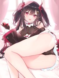 Rule 34 | absurdres, alcohol, ass, black dress, black hair, blush, breasts, choker, cleavage, commentary, covered collarbone, cup, dress, fangs, flower, frilled choker, frilled skirt, frills, gloves, hair between eyes, hair flower, hair ornament, hair ribbon, highres, holding, holding cup, horns, large breasts, lingerie, long hair, long sleeves, looking at viewer, lying, on bed, on side, open mouth, original, red eyes, ribbon, skirt, solo, symbol-only commentary, thighs, tsuyuri eri, twintails, underwear, wine