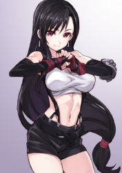 Rule 34 | 1990s (style), 1girl, bare shoulders, black hair, breasts, cracking knuckles, earrings, elbow gloves, final fantasy, final fantasy vii, fingerless gloves, gloves, highres, jewelry, large breasts, long hair, low-tied long hair, matsuryuu, navel, own hands together, palm-fist greeting, pencil skirt, purple eyes, red eyes, retro artstyle, skirt, smile, solo, tifa lockhart, very long hair