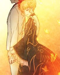 Rule 34 | 1boy, 1girl, aluce, apron, arms at sides, bad id, bad pixiv id, behind another, black choker, black dress, blunt bangs, braid, bug, butterfly, character request, choker, closed eyes, dress, flower, formal, frilled choker, frilled sleeves, frills, glowing butterfly, hair flower, hair ornament, insect, jacket, long sleeves, pants, red flower, red rose, rose, see-through, short hair, smile, suit, suit jacket, umineko no naku koro ni, white apron, white jacket, white pants, white white, wide sleeves, yellow butterfly