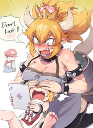 Rule 34 | !, !!, 1boy, 2girls, apron, armlet, bare shoulders, barefoot, bird, blush, bowsette, bowsette jr., bracelet, breast rest, breasts, cabbie hat, child, cleavage, collar, covering another&#039;s eyes, covering own eyes, crow, ear blush, earrings, english text, facial hair, family, fang, feet, fingernails, gloves, hat, horns, implied pornography, ipad, jewelry, kneeling, large breasts, mario, mario (series), mature female, mother and daughter, multiple girls, mustache, nail polish, new super mario bros. u deluxe, nintendo, open mouth, overalls, phone, pointy ears, ponytail, red hat, sharp fingernails, sharp teeth, sharp toenails, sitting, soles, speech bubble, spiked armlet, spiked bracelet, spiked collar, spiked shell, spikes, spread legs, super crown, suspenders, sweatdrop, tablet pc, teeth, ter (otokoter), thighhighs, toenail polish, toenails, toes, wavy mouth