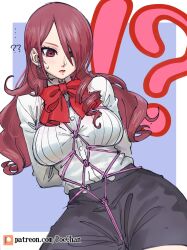 Rule 34 | !?, ..., ?, ??, absurdres, arms behind back, bdsm, black skirt, blue background, bondage, border, bound, bow, bowtie, breasts, curly hair, earrings, highres, jewelry, kirijou mitsuru, light blush, long hair, long sleeves, medium breasts, patreon logo, patreon username, persona, persona 3, pink rope, pleated shirt, poechan chan, red eyes, red hair, rope, shibari, shibari over clothes, simple background, skirt, sweatdrop, white border