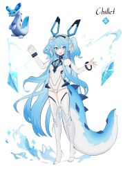Rule 34 | 1girl, absurdres, blue eyes, blue hair, blue tail, character name, chillet, clothing request, commentary, crystal, dragon girl, english commentary, full body, highres, long hair, looking at viewer, monster girl, open mouth, pal (creature), palworld, personification, pointy ears, reference inset, reiko lape, simple background, solo, teeth, upper teeth only, white background