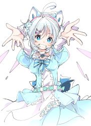 Rule 34 | .live, 1girl, ahoge, animal ears, blue dress, blue eyes, cat ears, cat hair ornament, dress, hair ornament, ixy, long sleeves, looking at viewer, short hair, silver hair, simple background, dennou shoujo siro, smile, solo, virtual youtuber, white background