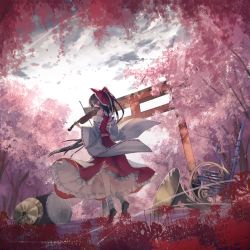 Rule 34 | 1girl, bare shoulders, black footwear, black hair, bow, bow (music), cherry blossoms, closed eyes, commentary request, copyright name, cymbals, detached sleeves, drum, flower, forest, french horn, frilled shirt collar, frills, full body, grey sky, hair bow, hakurei reimu, half updo, highres, holding, holding instrument, holding violin, instrument, long hair, long sleeves, midriff, nature, outdoors, petticoat, red bow, red flower, red skirt, shoes, skirt, sky, socks, solo, thkani, torii, touhou, tree, violin, white socks, wide sleeves