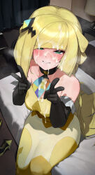 Rule 34 | 1girl, bare shoulders, black gloves, blush, breasts, collarbone, creatures (company), cum, double v, dress, elbow gloves, facial, game freak, gloves, green eyes, grin, hair ornament, highres, kashu (hizake), large breasts, long hair, looking at viewer, lusamine (pokemon), lusamine (sygna suit) (pokemon), nintendo, official alternate costume, pokemon, pokemon masters ex, ponytail, sitting, smile, solo, v, yellow dress