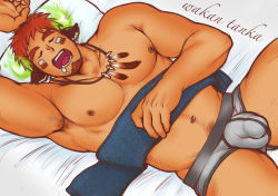 Rule 34 | 1boy, abs, animal ears, armpit hair, armpits, bara, boxer briefs, brown hair, bulge, covered penis, cow boy, cow ears, cow horns, dark-skinned male, dark skin, drooling, facial hair, feather necklace, feet out of frame, fiery horns, forked eyebrows, from above, glowing horns, goatee, grey male underwear, horns, large pectorals, male focus, male underwear, muscular, muscular male, navel, navel hair, nipples, pectorals, shibao, short hair, sleeping, solo, spiked hair, stomach, thick eyebrows, thick thighs, thighs, tokyo houkago summoners, topless male, underwear, underwear only, wakan tanka