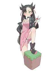 Rule 34 | 1girl, :&lt;, absurdres, asymmetrical bangs, black hair, black panties, breasts, choker, creatures (company), dress, earrings, game freak, green eyes, hair ribbon, hand on own hip, higher resolution available, highres, holding, holding poke ball, jacket, jewelry, kiritzugu, long sleeves, looking at viewer, marnie (pokemon), minecraft, nintendo, panties, pantyshot, pink dress, poke ball, poke ball (basic), pokemon, pokemon swsh, red ribbon, ribbon, simple background, small breasts, solo, standing, twintails, undercut, underwear, white background