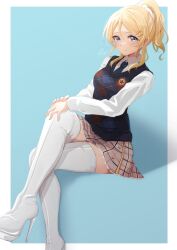 Rule 34 | 1girl, ayase eli, blonde hair, blue eyes, boots, brown skirt, closed mouth, collared shirt, crossed legs, green necktie, hair ornament, hairclip, high heel boots, high heels, highres, long hair, long sleeves, looking at viewer, love live!, love live! school idol project, miniskirt, necktie, ponytail, pukonuu, shirt, sitting, skirt, smile, solo, sweater vest, thigh boots, thighhighs, white footwear, white shirt, zettai ryouiki