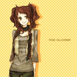 Rule 34 | 1girl, :d, atlus, blush, brown hair, buzz (moi), choker, clothes writing, collarbone, contemporary, green eyes, kujikawa rise, looking at viewer, lowres, open mouth, parted lips, persona, persona 4, shirt, smile, solo, standing, t-shirt, twintails