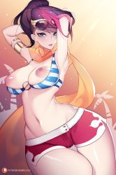 Rule 34 | 1girl, armlet, bikini, bikini top only, black hair, blue eyes, breasts, eyewear on head, fiora (league of legends), hands in hair, jewelry, large breasts, league of legends, multicolored hair, nanoless, nipples, ponytail, pool party fiora, red hair, red shorts, scarf, shorts, solo, sunglasses, swimsuit, thigh gap, wide hips