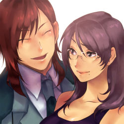 Rule 34 | 00s, 1boy, 1girl, :d, ^ ^, brown hair, closed eyes, closed mouth, collarbone, collared shirt, glasses, gundam, gundam 00, jacket, kati mannequin, long hair, looking at another, mole, mole under mouth, open mouth, patrick colasour, pink lips, purple hair, rimless eyewear, shirt, simple background, sleeveless, smile, swept bangs, tamachi kuwa, tank top, white background, white shirt