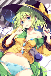Rule 34 | 1girl, bare shoulders, black hat, blue panties, blush, bow, breasts, cleavage, collarbone, commentary request, finger to mouth, green eyes, green hair, green skirt, hat, hat bow, head tilt, heart, heart-shaped pupils, heart of string, highres, komeiji koishi, long sleeves, looking at viewer, lying, maturiuta sorato, medium breasts, navel, off shoulder, on back, panties, parted lips, shirt, short hair, skirt, solo, stomach, symbol-shaped pupils, third eye, touhou, underwear, unworn skirt, wide sleeves, yellow bow, yellow shirt
