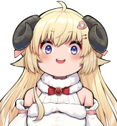 Rule 34 | 1girl, :d, absurdres, ahoge, bare shoulders, blonde hair, blush, bow, bowtie, breasts, curled horns, hair ornament, hairclip, highres, hololive, horns, large breasts, looking at viewer, mikan (chipstar182), open mouth, portrait, purple eyes, red bow, red bowtie, sheep horns, shirt, simple background, smile, solo, teeth, tsunomaki watame, tsunomaki watame (1st costume), upper teeth only, virtual youtuber, white background, white shirt, wide-eyed