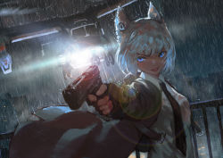 Rule 34 | 1girl, absurdres, aiming, aircraft, animal ears, backlighting, black necktie, blue eyes, city, cityscape, coat, collared shirt, diffraction spikes, dutch angle, earpiece, fingerless gloves, floating, gloves, gun, hand up, highres, holding, holding gun, holding weapon, jun (5455454541), lens flare, light, looking at viewer, marker (medium), necktie, night, open clothes, open coat, original, outdoors, outstretched arm, parted lips, rain, shirt, short hair, solo, standing, traditional media, upper body, v-shaped eyebrows, weapon, wet, wet clothes, wet shirt, white hair, white shirt, wind, wind lift, wing collar
