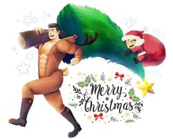 Rule 34 | 2boys, abs, animal costume, antlers, bara, bare pectorals, boots, brown hair, carrying over shoulder, chibi, christmas, christmas tree, english text, from side, full body, hat, horns, knee boots, large pectorals, male focus, male pubic hair, merry christmas, multiple boys, muscular, muscular male, navel, navel hair, nipples, original, pectorals, pubic hair, reindeer antlers, reindeer costume, santa costume, santa hat, short hair, sidepec, smile, sparkle, stomach, thick thighs, thighs, winemvee